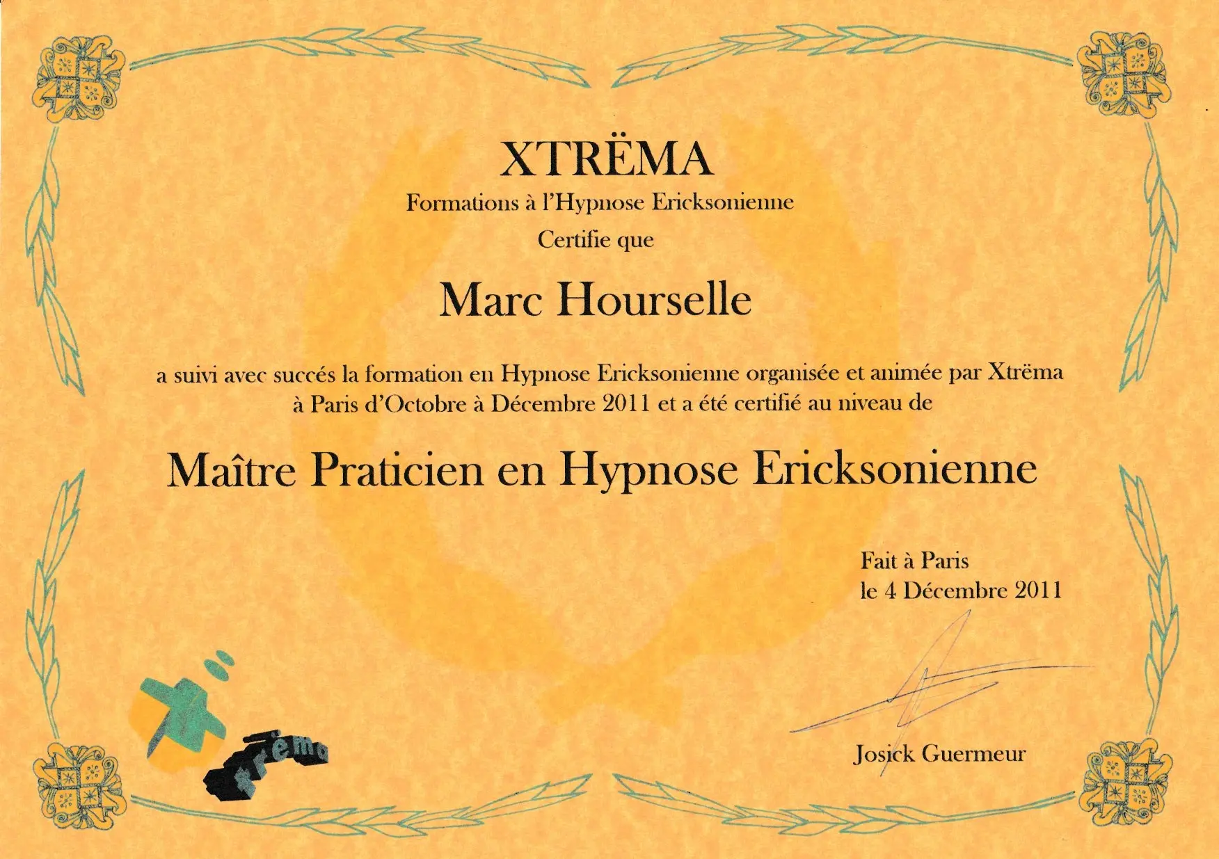 Diplôme d’hypnose Ericksonienne – Marc Hourselle